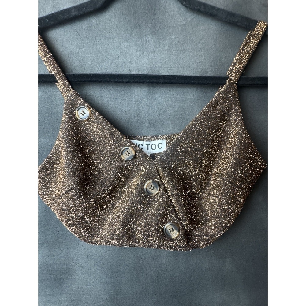 Tic Toc Gold Metallic Knit Crop Top Small Shimmer Sparkle Y2K Party Festival
